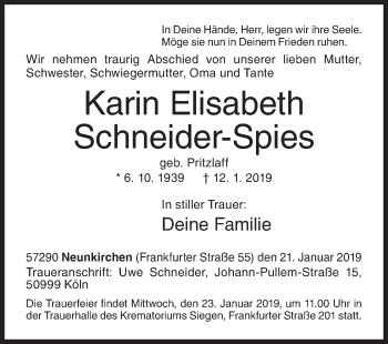 Traueranzeige von Karin Elisabeth Schneider-Spies von Siegener Zeitung