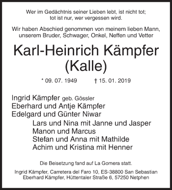 Traueranzeige von Karl-Heinrich Kämpfer von Siegener Zeitung