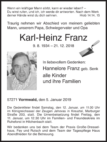 Traueranzeige von Karl-Heinz Franz von Siegener Zeitung