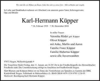 Traueranzeige von Karl-Hermann Küpper von Siegener Zeitung