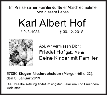 Traueranzeige von Karl Albert Hof von Siegener Zeitung