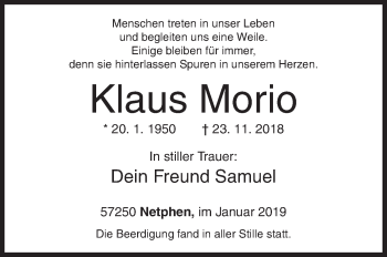 Traueranzeige von Klaus Morio von Siegener Zeitung