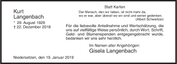 Traueranzeige von Kurt Langenbach von Siegener Zeitung