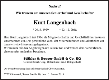 Traueranzeige von Kurt Langenbach von Siegener Zeitung