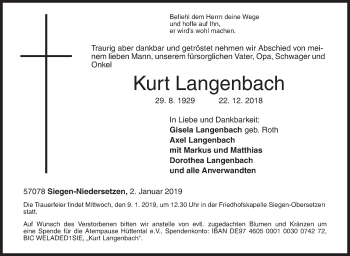 Traueranzeige von Kurt Langenbach von Siegener Zeitung