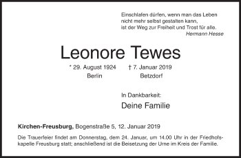 Traueranzeige von Leonore Tewes von Siegener Zeitung