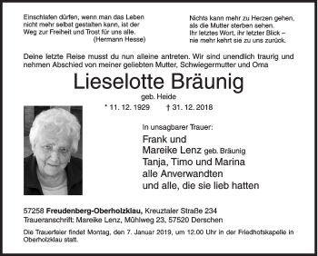 Traueranzeige von Lieselotte Bräunig von Siegener Zeitung