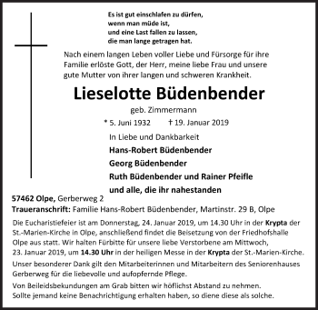 Traueranzeige von Lieselotte Büdenbender von Siegener Zeitung