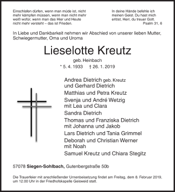 Traueranzeige von Lieselotte Kreutz von Siegener Zeitung