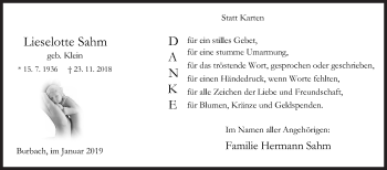 Traueranzeige von Lieselotte Sahm von Siegener Zeitung