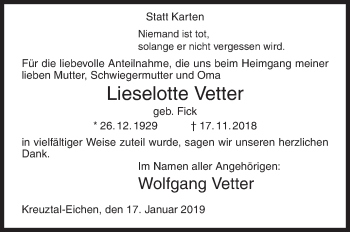 Traueranzeige von Lieselotte Vetter von Siegener Zeitung