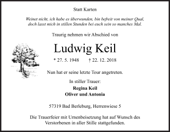 Traueranzeige von Ludwig Keil von Siegener Zeitung
