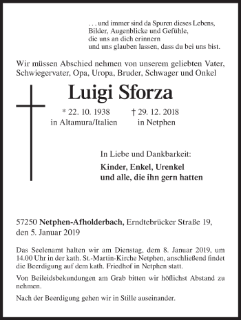 Traueranzeige von Luigi Sforza von Siegener Zeitung