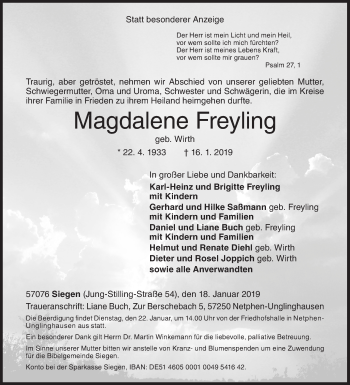 Traueranzeige von Magdalene Freyling von Siegener Zeitung