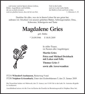 Traueranzeige von Magdalene Gries von Siegener Zeitung