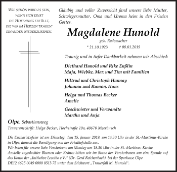 Traueranzeige von Magdalene Hunold von Siegener Zeitung