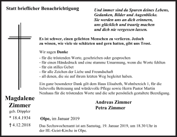 Traueranzeige von Magdalene Zimmer von Siegener Zeitung