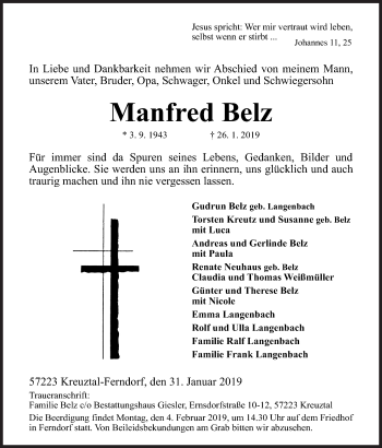 Traueranzeige von Manfred Belz von Siegener Zeitung
