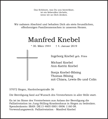 Traueranzeige von Manfred Knebel von Siegener Zeitung