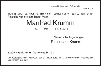 Traueranzeige von Manfred Krumm von Siegener Zeitung