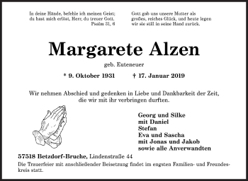 Traueranzeige von Margarete Alzen von Siegener Zeitung