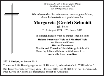 Traueranzeige von Margarete Schmidt von Siegener Zeitung
