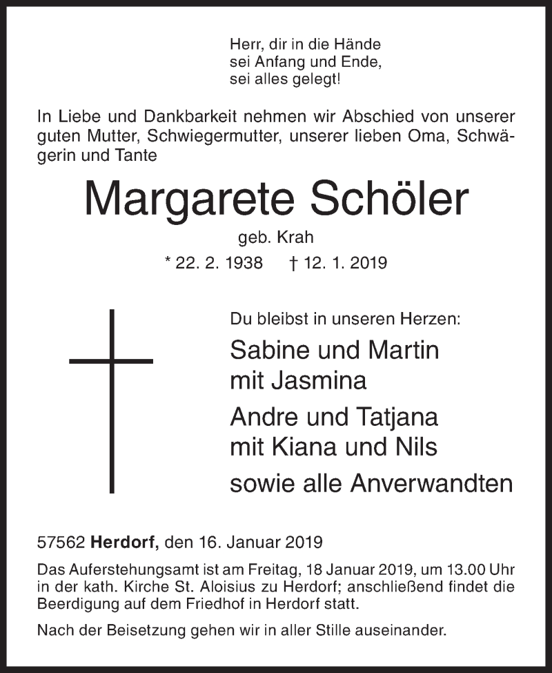  Traueranzeige für Margarete Schöler vom 16.01.2019 aus Siegener Zeitung