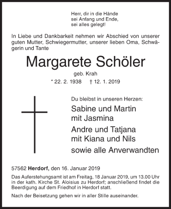 Traueranzeige von Margarete Schöler von Siegener Zeitung