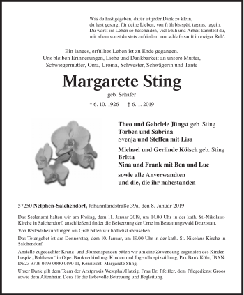 Traueranzeige von Margarete Sting von Siegener Zeitung