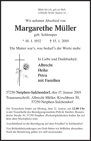 Traueranzeige von Margarethe Müller von Siegener Zeitung