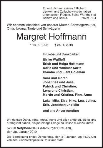 Traueranzeige von Margret Hoffmann von Siegener Zeitung
