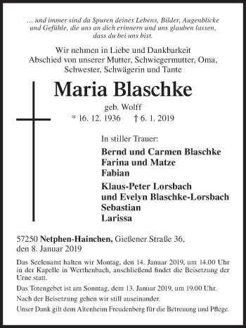 Traueranzeige von Maria Blaschke von Siegener Zeitung