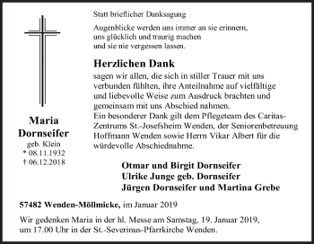 Traueranzeige von Maria Dornseifer von Siegener Zeitung