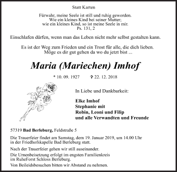 Traueranzeige von Maria Imhof von Siegener Zeitung
