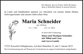 Traueranzeige von Maria Schneider von Siegener Zeitung