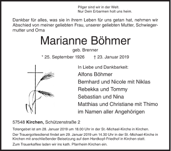 Traueranzeige von Marianne Böhmer von Siegener Zeitung