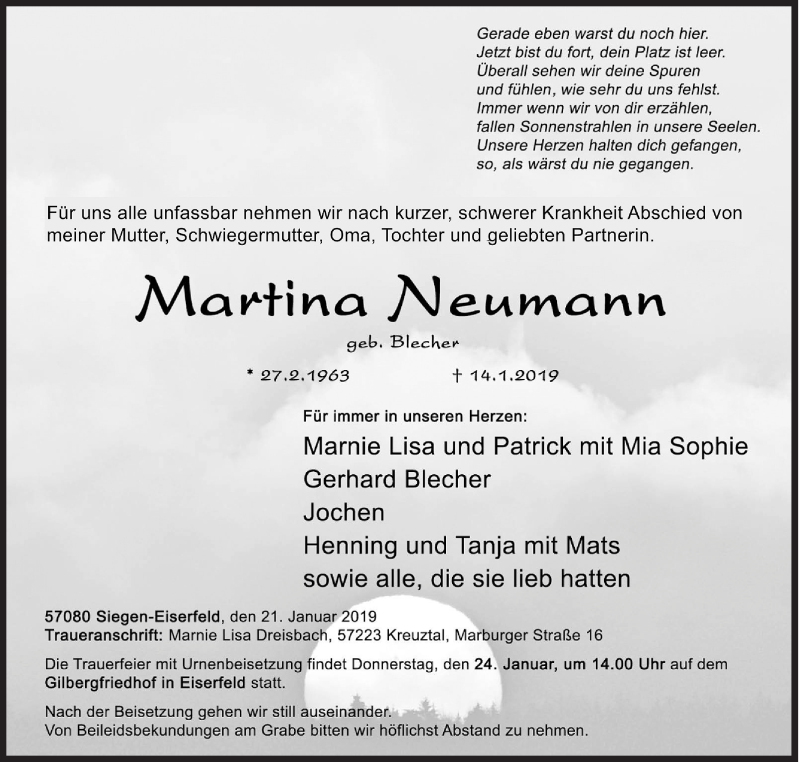  Traueranzeige für Martina Neumann vom 21.01.2019 aus Siegener Zeitung