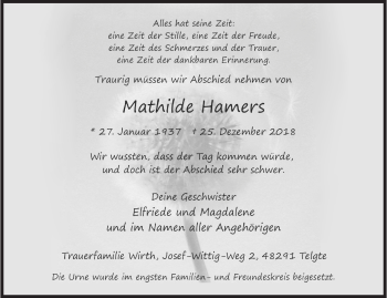 Traueranzeige von Mathilde Hamers von Siegener Zeitung