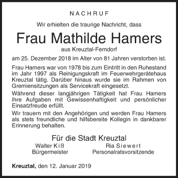 Traueranzeige von Mathilde Hamers von Siegener Zeitung
