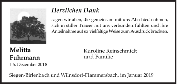 Traueranzeige von Melitta Fuhrmann von Siegener Zeitung