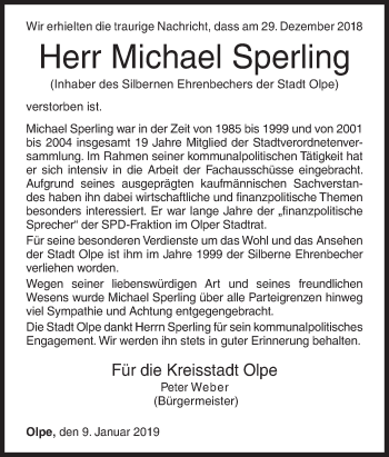 Traueranzeige von Michael Sperling von Siegener Zeitung