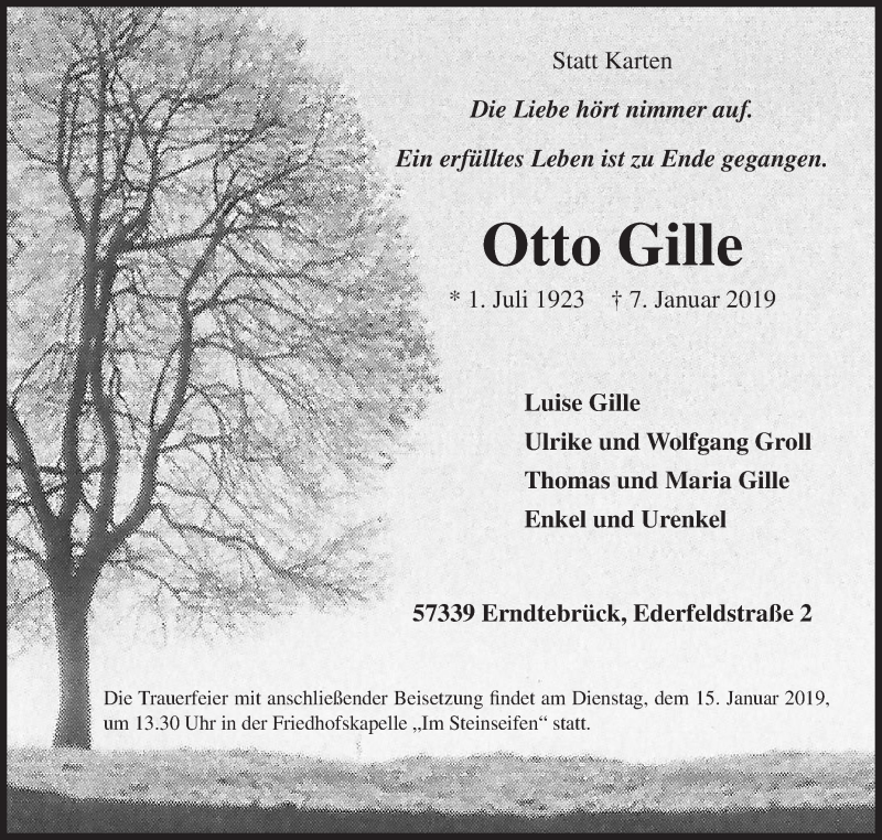  Traueranzeige für Otto Gille vom 10.01.2019 aus Siegener Zeitung