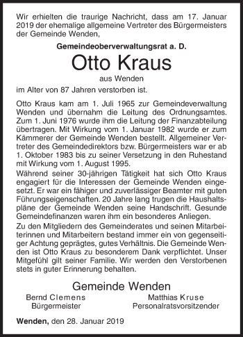 Traueranzeige von Otto Kraus von Siegener Zeitung