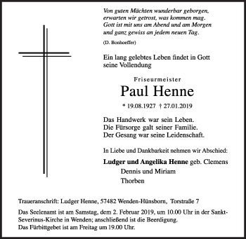 Traueranzeige von Paul Henne von Siegener Zeitung