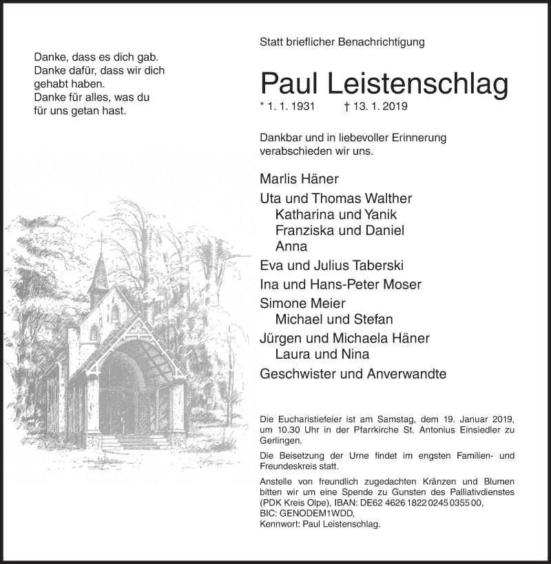  Traueranzeige für Paul Leistenschlag vom 16.01.2019 aus Siegener Zeitung
