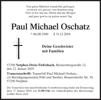 Traueranzeige von Paul Michael Oschatz von Siegener Zeitung