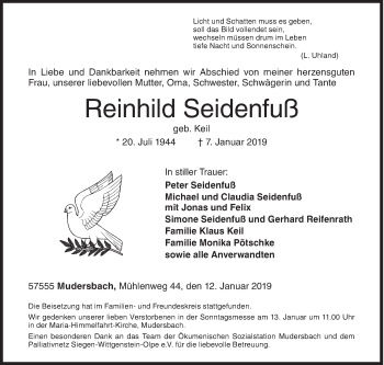 Traueranzeige von Reinhild Seidenfuß von Siegener Zeitung