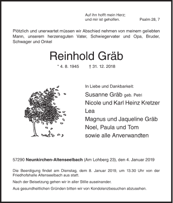 Traueranzeige von Reinhold Gräb von Siegener Zeitung