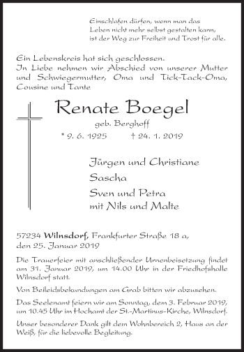 Traueranzeige von Renate Boegel von Siegener Zeitung