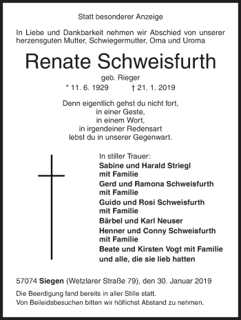 Traueranzeige von Renate Schweisfurth von Siegener Zeitung